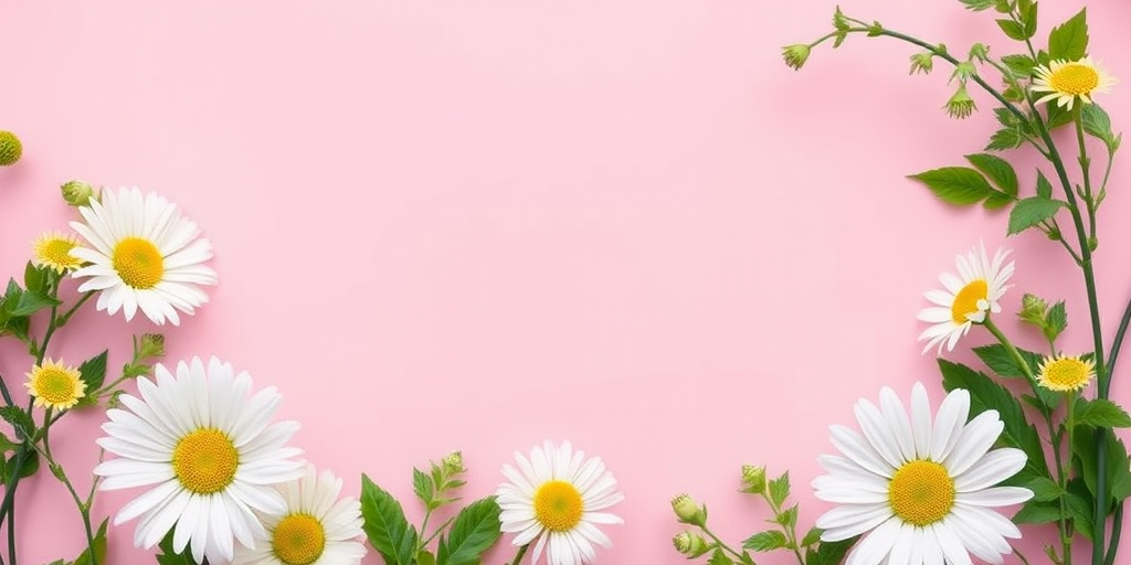 Create a floral frame design featuring daisies and green foliage on a soft pink background, shot with a DSLR camera at f/2.8 aperture, 50mm lens, and a shallow depth of field to enhance clarity and vibrance.