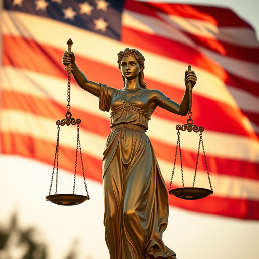 Create an image of a golden statue of Lady Justice holding scales and a sword, set against a waving American flag background, captured with a DSLR camera, 50mm lens, f/1.8 aperture, ISO 100, 1/200s shutter speed, in an outdoor setting during golden hour for optimal lighting and detail.