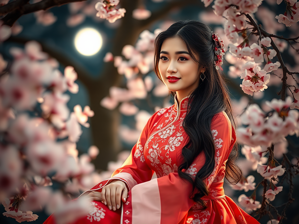 Generate an ethereal portrait of a woman in a traditional Chinese dress seated gracefully amidst blooming cherry blossoms by a moonlit tree, captured with a Canon EOS R5, 50mm lens, f/1.8 aperture, ISO 100, soft focus, natural lighting enhancing intricate details and vibrant colors.