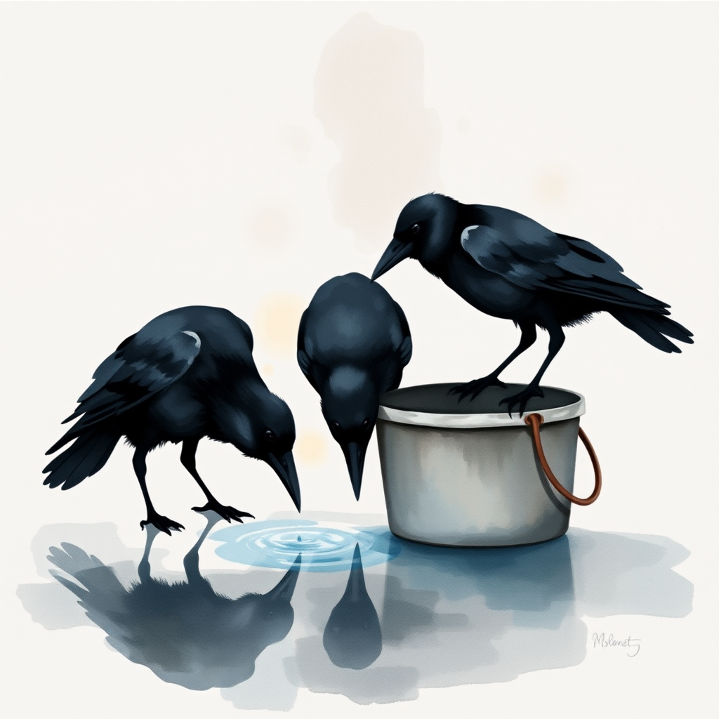 Create a watercolor painting of the silhouette of crows drinking water from a bucket, with muted colors and a textured background.