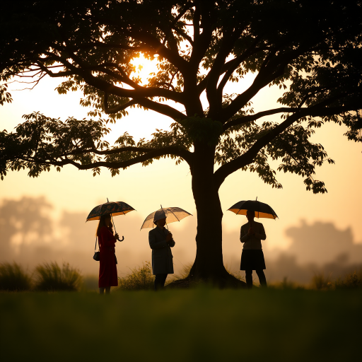 Create a serene landscape featuring three silhouettes holding umbrellas under a large tree, with a soft golden background, using a DSLR camera with a 50mm lens, aperture f/1.8, ISO 200, and a shallow depth of field for enhanced detail and bokeh effect.