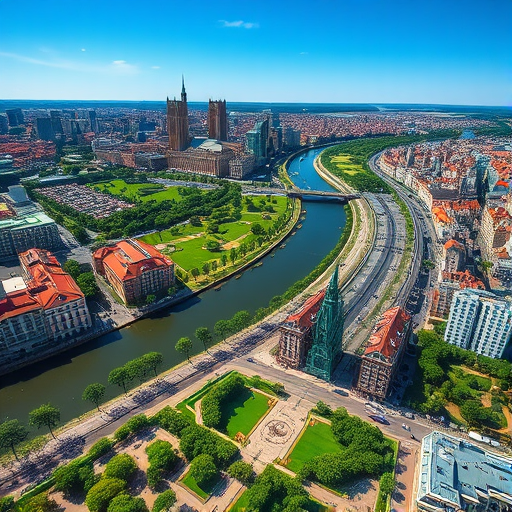 aerial view of a cityscape with a river and green parks, clear sky in the background, using a DSLR camera, ISO 100, aperture f/8, shutter speed 1/200s, in high-resolution, HDR tone mapping for enhanced contrasts and details