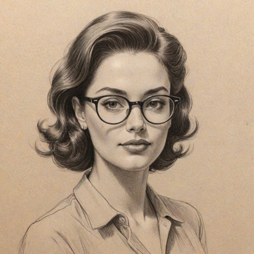 Wonderful Erica Cerra, pencil sketch, portrait of Lovely woman 1954s in glasses, hair style beatnik, outline, clear lines, fine lines, 8k