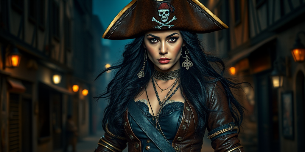 Create a portrait of a fierce female pirate. She wears a leather tricorn hat adorned with a skull and crossbones emblem, and her long, dark hair flows around her face. Her outfit consists of a richly detailed leather jacket, a corset, and multiple layers of belts and accessories, giving her a formidable and stylish appearance. She stands confidently in a dimly lit, historic port town, with a backdrop of weathered buildings and cobblestone streets, capturing the adventurous spirit of a pirate.