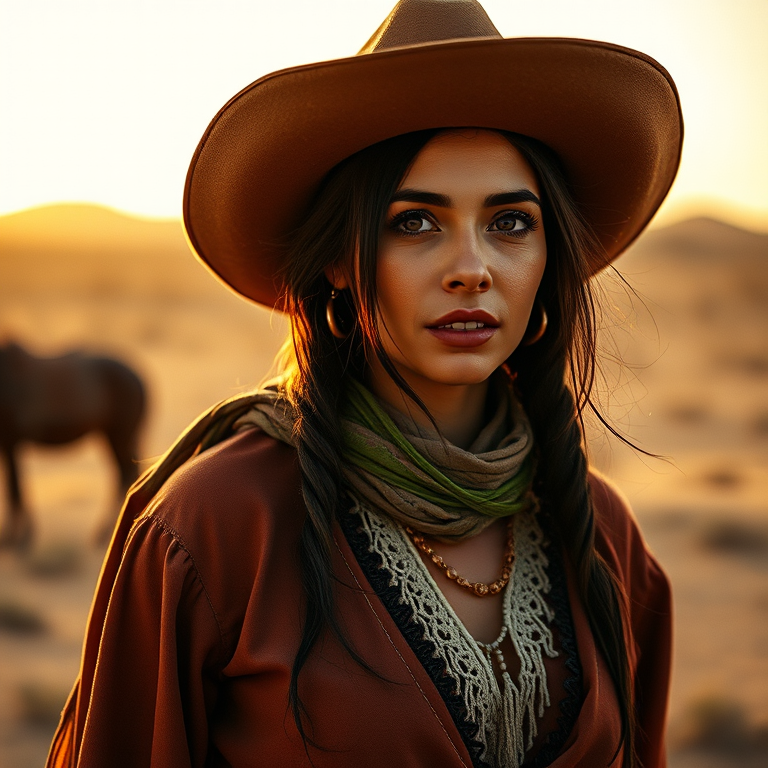 Dramatic photo of a beautiful Coptic woman, classic cowboy attire, confident and free spirit expression, half-length portrait, centered, golden hour desert landscape, warm, diffused light, low angle, medium format film camera, in style of Annie Leibovitz.
