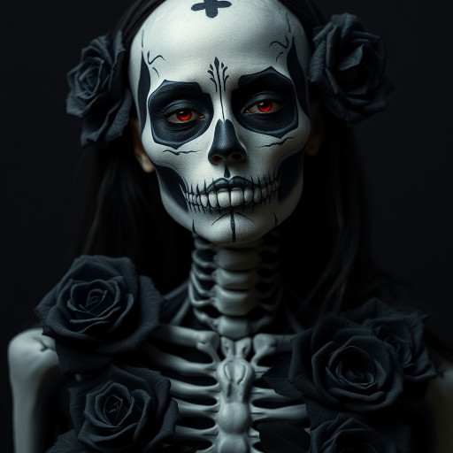 Create a high-resolution portrait of a skeleton woman with intricate makeup and black roses surrounding her, shot with a Canon EOS R5, 85mm lens, f/1.8 aperture, ISO 100, in soft diffused lighting to enhance detail and contrast against a dark background.