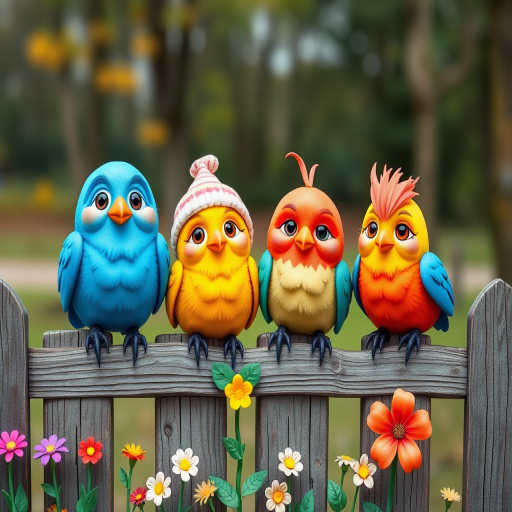 create a scene of 4 quirky  whimsical colourful comical birds each with a funny expression. they are sat on a wooden fence with colourful flowers. they are all different sizes. each one is a different colour  one is wearing a woolly hat. Each one has a different quirky google expression and there is a muted background of trees watercolour paintierly style high definition 8k resolution 3D paper mache