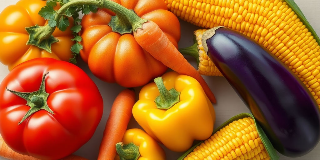 Create a vibrant illustration of a tomato, pumpkin, carrot, yellow bell pepper, eggplant, and corn arranged in a visually appealing layout, using a digital art style with high saturation and smooth lines, captured from a top-down view to highlight their colors and shapes, emulating a professional illustration look similar to a 35mm camera with a shallow depth of field for an enhanced focus on the vegetables.