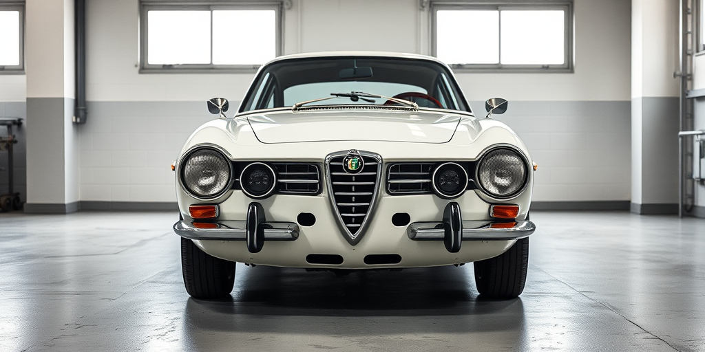 Regenerate an image of a classic white Alfa Romeo parked in a garage with a clean background, using a Canon EOS 5D Mark IV, 24mm lens, f/8 aperture, ISO 200, natural lighting, and a wide-angle view to enhance detail and depth.