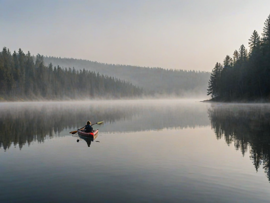 Morning fog over a serene lake, a woman in a kayak paddles slowly through the still water, the surface like glass as the mist rolls over the distant treeline.