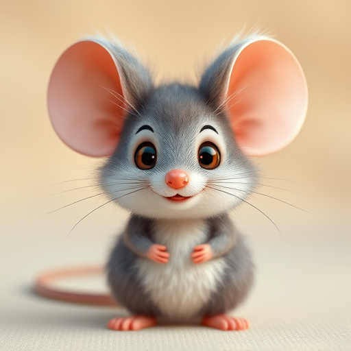 Create a cute, fluffy cartoon mouse character with large ears and a cheerful expression, set against a soft beige background, captured with a DSLR camera at f/2.8, 50mm lens, portrait view, soft focus style for enhanced quality.