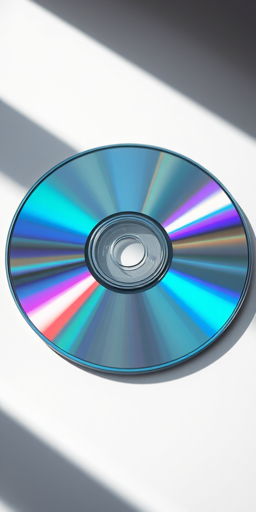 Create an image of a blank CD with a reflective surface, captured with a Canon EOS R5, 50mm lens, aperture f/2.8, ISO 100, with a soft diffused light to enhance reflections and details, featuring a slight top-down angle for a modern look.