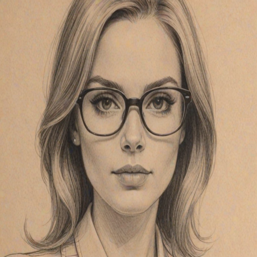 Stunning Afton Williamson, pencil sketch, portrait of Appealing woman 1969s in glasses, hair style beatnik, outline, clear lines, fine lines, 8k