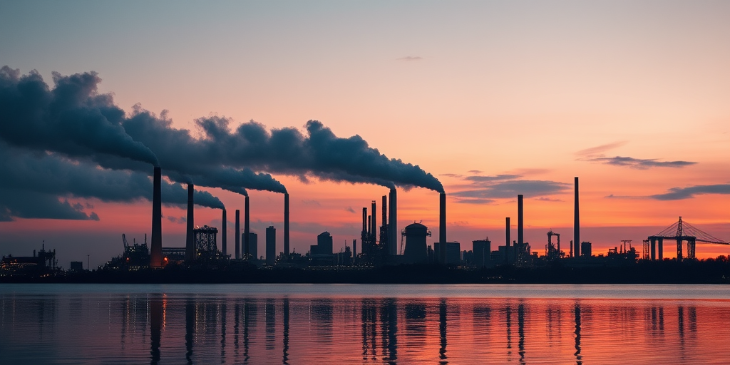 industrial skyline at sunset with billowing smoke stacks and reflections on water, shot with a Canon EOS R5, 24mm lens, f/8 aperture, ISO 100, 1/200 shutter speed, wide-angle view, high dynamic range for enhanced details and colors