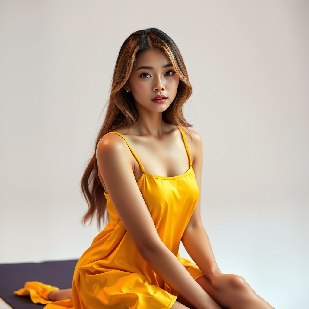 Resplendent photo of woman:Chinese:0.4, highlight hair, wearing Banana dress, sitting on Yoga mat, rim lighting, studio lighting, looking at the camera, dslr, ultra quality, sharp focus, tack sharp, dof, film grain, Fujifilm XT3, crystal clear, 8K UHD, highly detailed glossy eyes, high detailed skin, skin pores