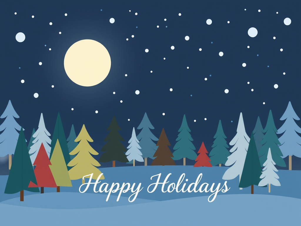 Create a festive winter scene featuring a variety of stylized trees in different colors and shapes, set against a dark blue night sky with falling snowflakes. Include the text "Happy Holidays" in a simple and elegant font at the bottom.