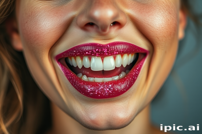 Playful woman lips decorated with glittery pink sparkles, full face image showcasing youthful exuberance and infectious joy