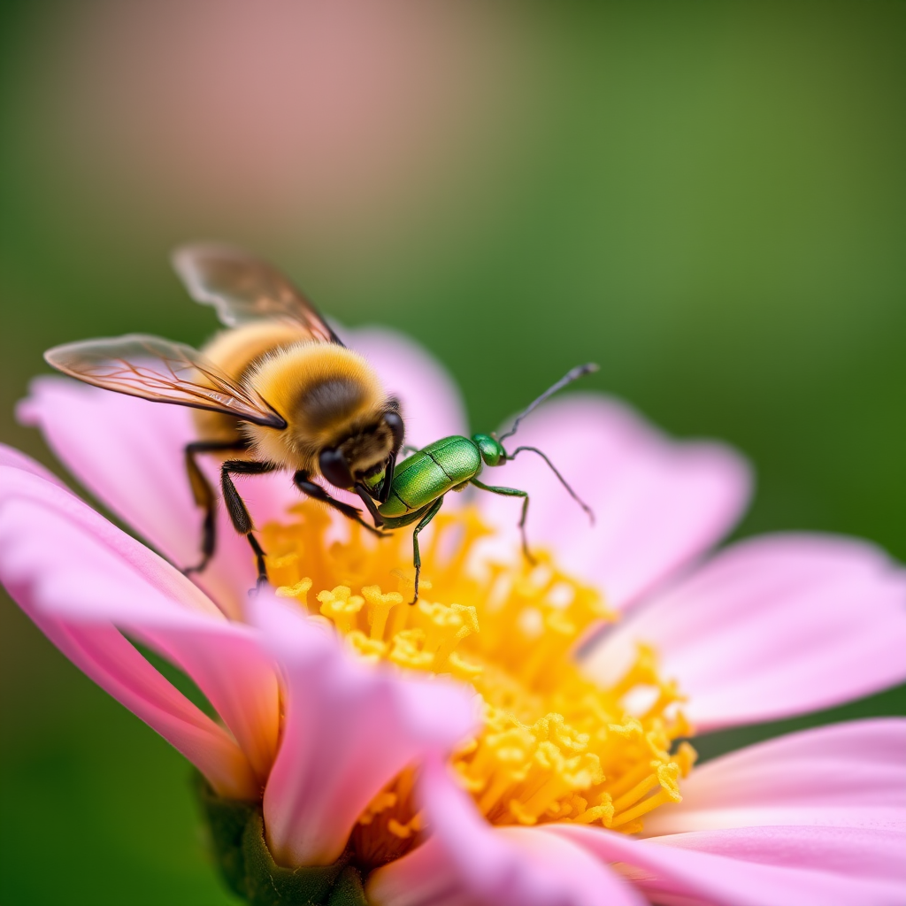 Close-up shot of a bee and a green beetle on a pink flower with blurred green background, shallow depth of field, aperture f/2.8, ISO 200, shutter speed 1/200s, macro lens, DSLR camera.