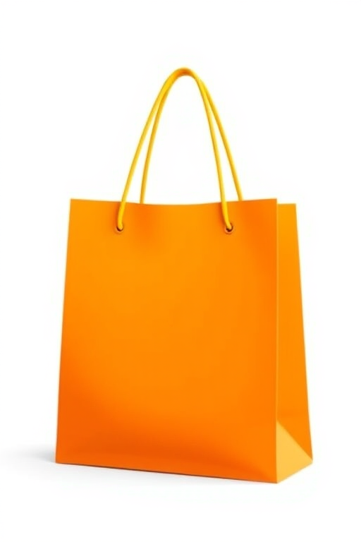 Create an illustration of a bright orange shopping bag with yellow handles, using a DSLR camera with a 50mm lens, f/2.8 aperture, 1/200 sec shutter speed, and natural light for enhanced quality, front view.