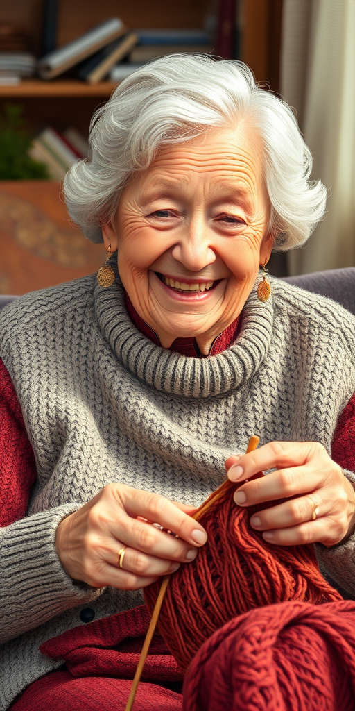 Create a detailed illustration of an elderly woman knitting, focused on her joyful expression, using a warm color palette, captured with a DSLR camera at f/4, 50mm lens, ISO 200, in natural light to enhance texture and detail.