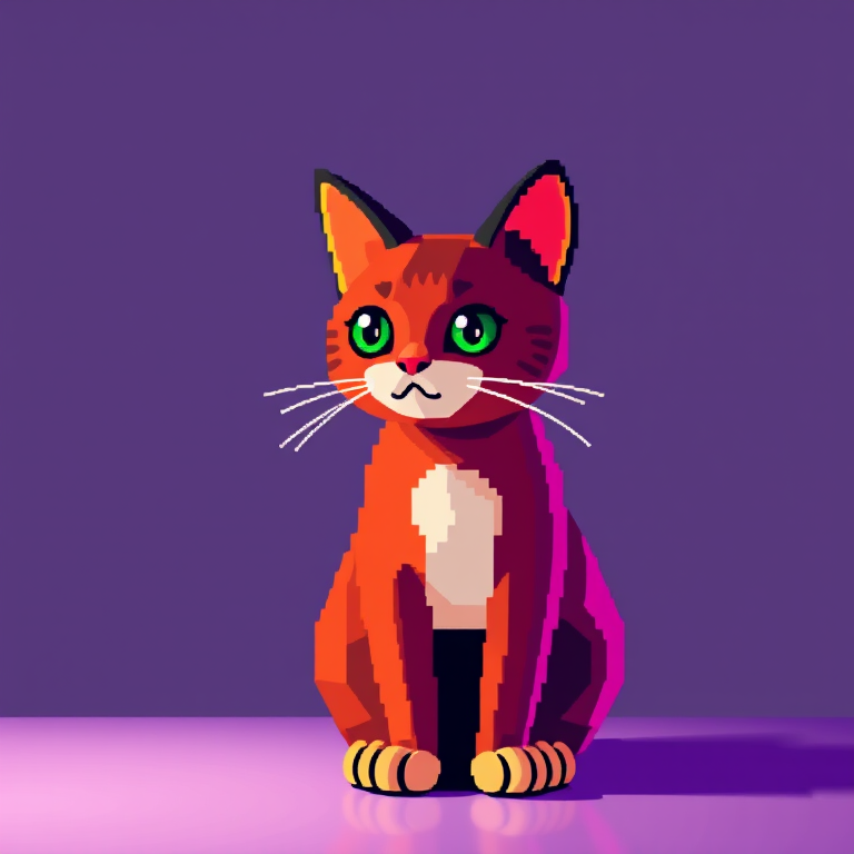 Create a high-resolution pixel art image of a stylized cat figure, set against a contrasting background, with a vibrant color palette, using a DSLR camera at f/8, ISO 100, 50mm lens, in a studio setting with soft lighting to enhance details and clarity.
