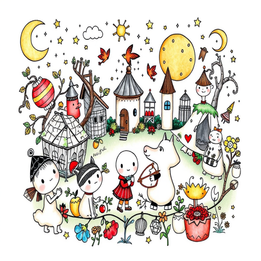 Illustrative tattoo design titled "Storybook Whimsy" featuring whimsical characters and scenes reminiscent of children's book illustrations with a mix of color and black linework