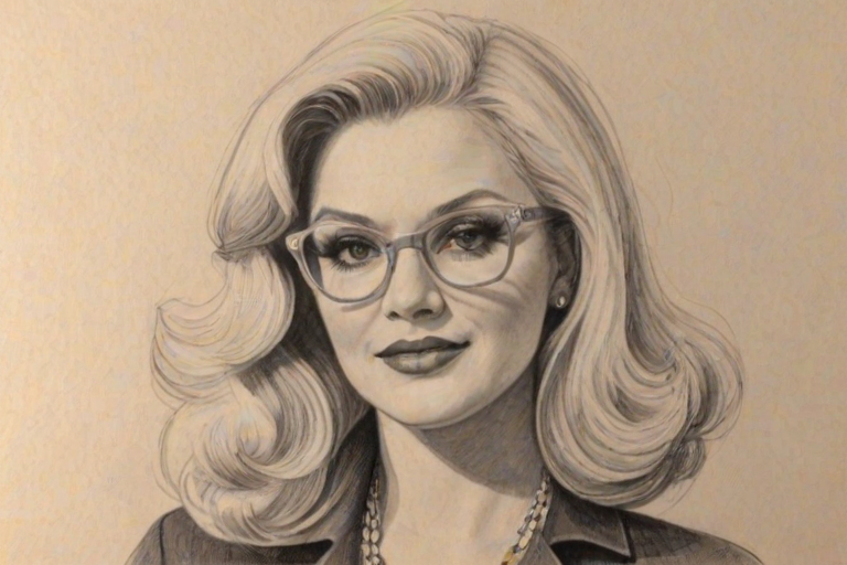 Elegant Renee Taylor, pencil sketch, portrait of Comely woman 1967s in glasses, hair style beatnik, outline, clear lines, fine lines, 8k