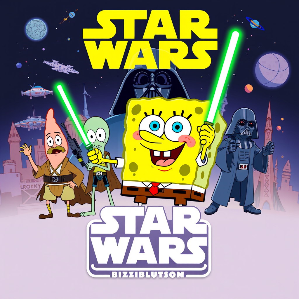 Create a parody of the Star Wars poster with SpongeBob as Luke Skywalker, holding a glowing spatula like a lightsaber. Patrick Star takes the role of Han Solo, holding a blaster, while Squidward is Obi-Wan Kenobi, draped in robes. In the background, Plankton appears as Darth Vader, with Bikini Bottom’s landmarks reimagined as spaceships and planets. The iconic Star Wars logo is swapped for "Sponge Wars," creating a playful, sci-fi adventure scene.
