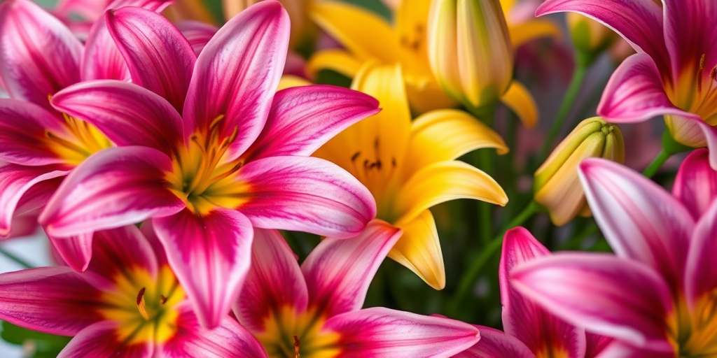 vibrant arrangement of pink and yellow lilies, shallow depth of field, natural light, macro photography, DSLR camera, f/2.8 aperture, 50mm lens, ISO 100, focus on flower details