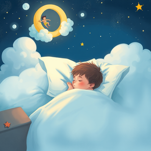 Create a whimsical illustration of a child sleeping in bed with a dreamy cloud above featuring a figure hanging from a moon, use a soft color palette, apply a digital painting style, shot from a slight bird's eye view, with high-resolution settings, focus on a light and dreamy atmosphere.