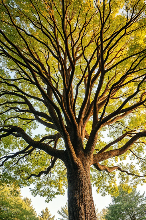Create a highly detailed illustration of a tree with a full canopy using a Canon EOS R5 with a 50mm f/1.2 lens, aperture set to f/2.8, ISO 100, shot from a low angle perspective to enhance depth and richness in colors.