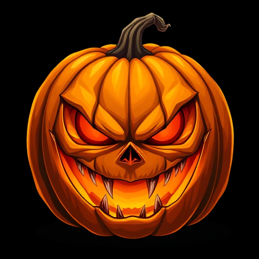 Create a high-resolution illustration of a menacing carved pumpkin with exaggerated facial features, vibrant orange and yellow colors, set against a dark background, captured with a DSLR camera at f/2.8 aperture, 50mm lens, and ISO 100 to enhance sharpness and detail.