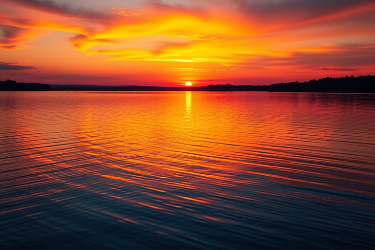 Generate an image of a beautiful sunset over a calm lake, with vibrant orange and purple hues reflecting on the water, captured from a low angle using a DSLR camera with a 35mm lens, f/2.8 aperture, ISO 100, and a shutter speed of 1/160s for enhanced color saturation and clarity.