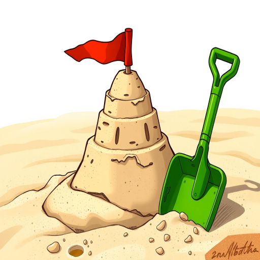 Create a detailed illustration of a sandcastle with a red flag on top, accompanied by a green shovel, captured in a high-resolution digital art style, using a 50mm lens, f/1.8 aperture, and natural lighting to enhance the colors and textures.