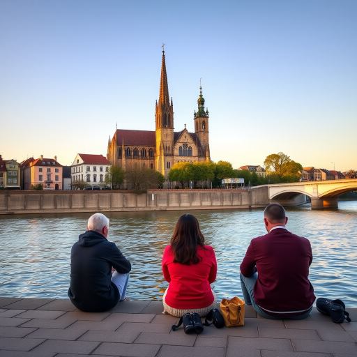 Capture a serene scene of three people sitting by a riverbank in Regensburg, Germany, with the gothic cathedral in the background, using a full-frame DSLR camera, 50mm lens, f/2.8 aperture, ISO 100, 1/200 sec shutter speed, early morning light for soft shadows and vibrant colors.