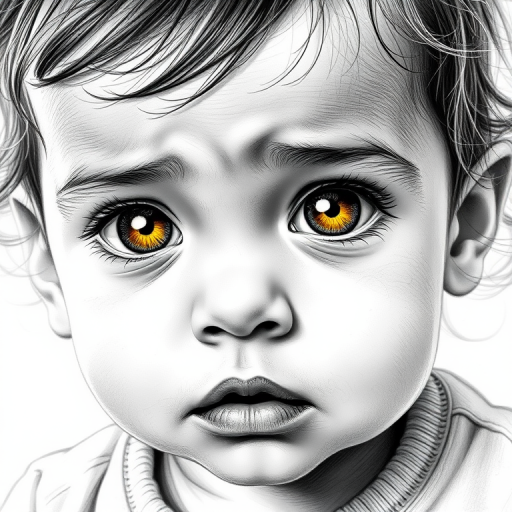 A hyperdetailed photorealistic black and white sketch of a beautiful toddler with deep Yellow eyes, with a macro focus