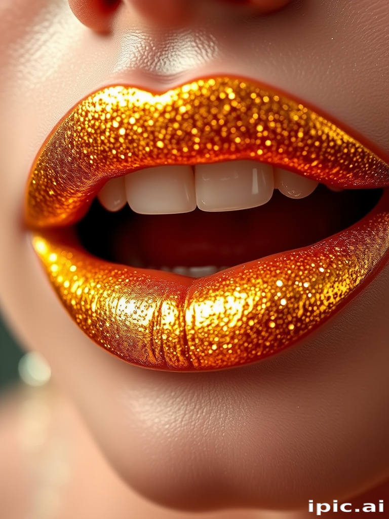 Shimmering "Golden Goddess" metallic lip gloss transforms lips into a dazzling spectacle of light-catching gold particles, elevating any makeup look to celestial heights