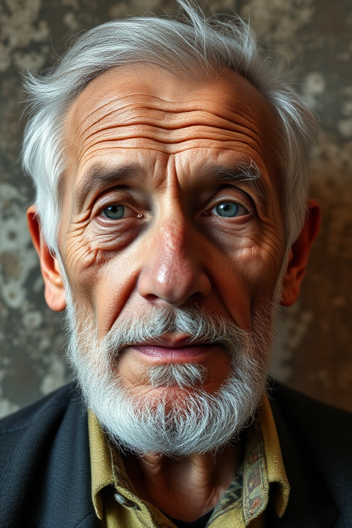 portrait of an elderly man with a textured, abstract background, high-resolution, f/8, ISO 100, 50mm lens, natural lighting, shot from eye level, using a DSLR camera, emphasize detail and texture.