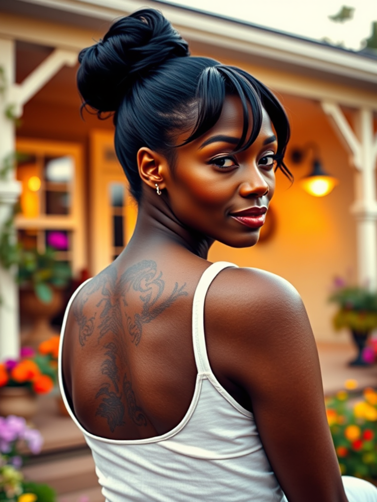 A photo of Lupita Nyong'o with a background of a cozy porch. She has dark hair pulled back in an updo, with tendrils framing her face. She wears a white tank top and sits on the porch. The porch is part of a well-lit home with a warm, earthy tone and colorful flowers and foliage. The overall scene has a warm, welcoming, and comfortable ambiance.