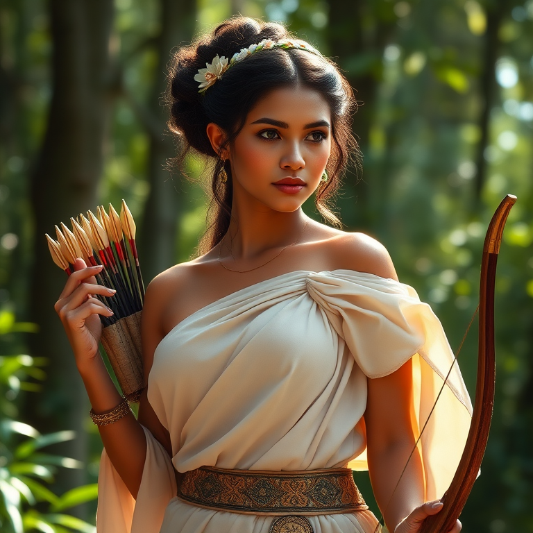 Create a portrait of a goddess-like Indo-Caribbean girl figure in a tranquil, forested environment. She has an elegant appearance with long, wavy hair styled in an updo and adorned with a delicate, floral headband. She wears a flowing, ancient Greek-inspired gown in a soft, pale color, featuring a one-shoulder design and draped fabric that accentuates her graceful form. The outfit includes a decorative belt with ornate gold detailing, and she holds a bow in her hand, with a quiver of arrows slung over her shoulder. The background depicts lush greenery, with sunlight filtering through the trees, casting a gentle, ethereal light on the scene. Her expression is calm and contemplative, embodying a sense of wisdom and serenity.