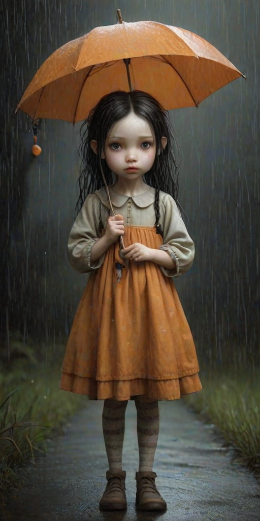 An eerie, weird little girl with dark hair in thin pigtails, wearing a smock dress, standing in the rain, holding a dirty orange umbrella, a small, odd creature beside her. In a surreal style inspired by Nicoletta Ceccoli and Brian Froud. Dark fantasy themes