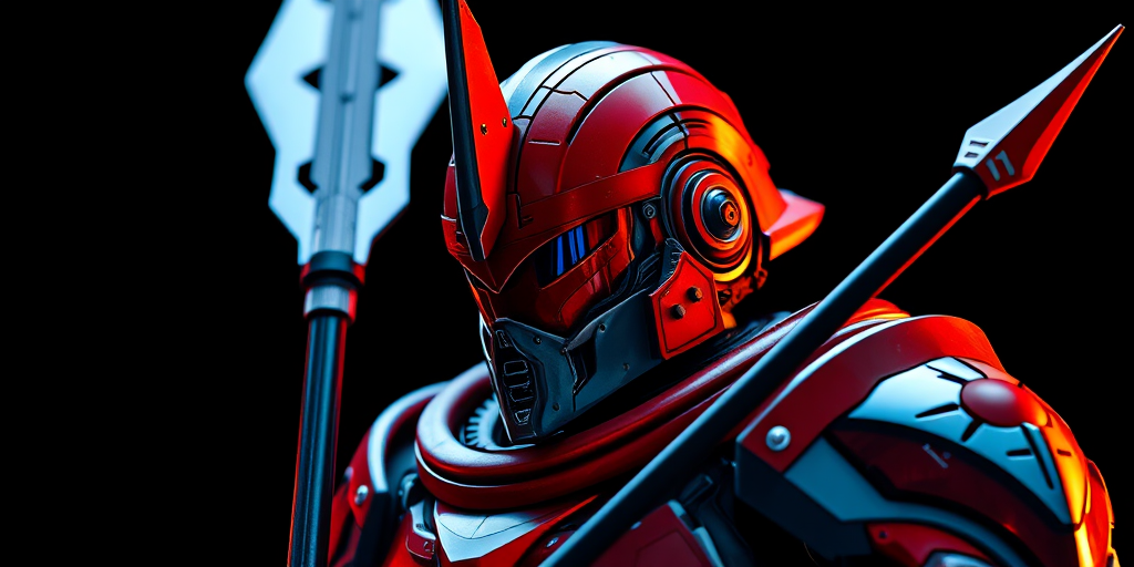 Regenerate an image of a futuristic armored character with a helmet and a spear, vibrant colors of red, blue, and black background, captured with a DSLR camera using a 50mm lens at f/1.8, ISO 200, shot from a low angle with dramatic lighting to enhance details.