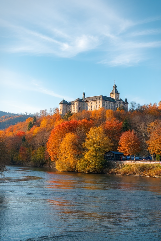 Scenic view of a river with colorful autumn trees and a hillside castle, captured with a Canon EOS R5, 24mm lens, f/8 aperture, ISO 200, shot in natural light with a wide-angle perspective for enhanced detail and clarity.