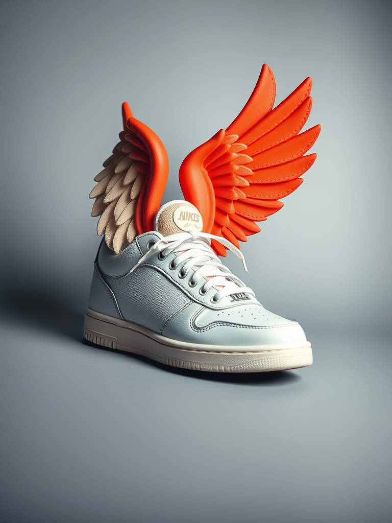 Create a high-resolution image of a stylized sneaker with wings, shot in high contrast, using a DSLR camera with a 50mm lens, aperture set to f/1.8, ISO 100, and in a soft-lit studio setting for enhanced clarity and detail.