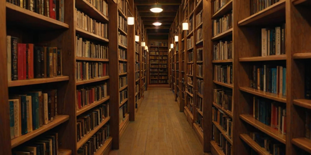 a narrow aisle between tall wooden bookshelves filled with books in a cozy library setting, with warm lighting illuminating the pathway and signs indicating sections of books
