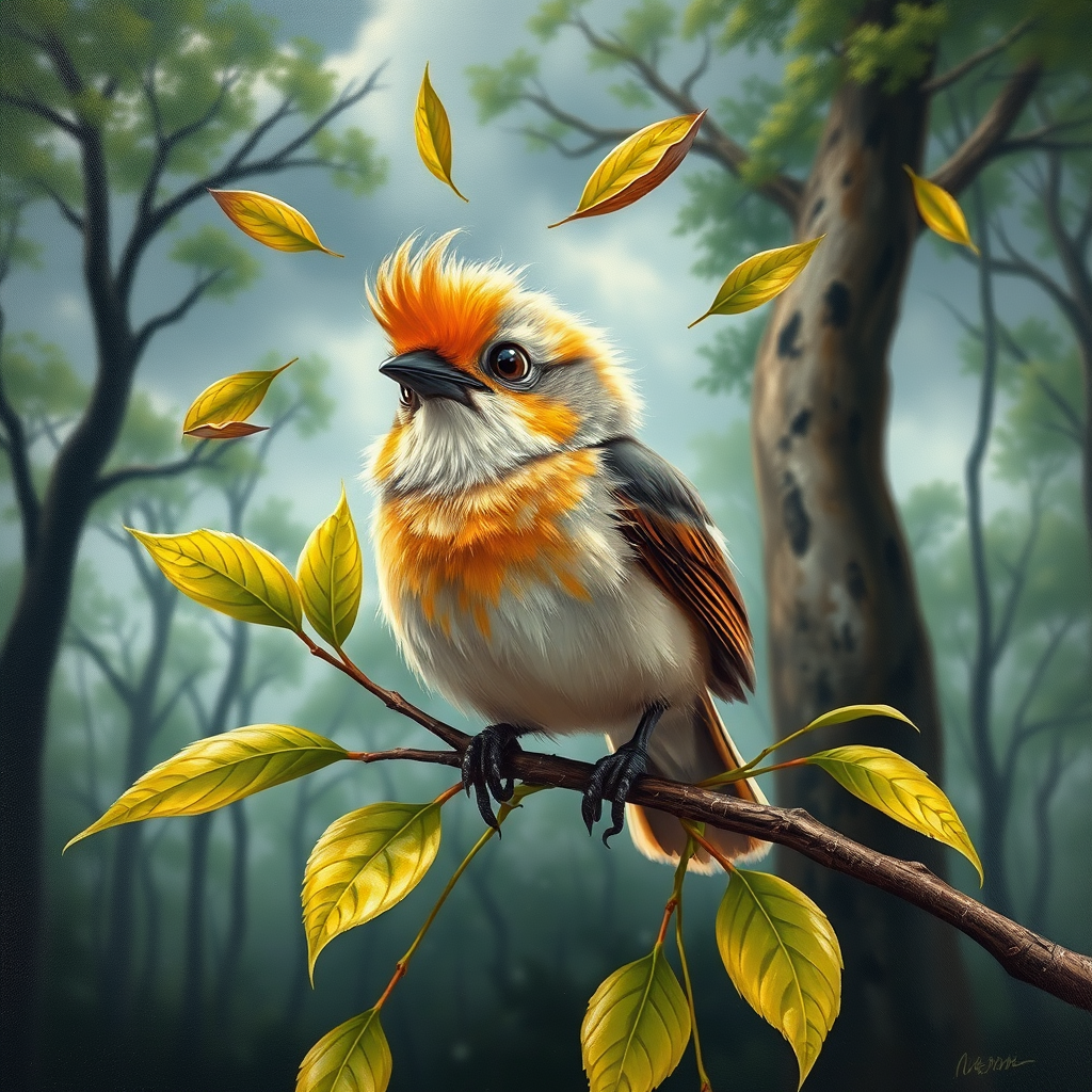 airbrushed oil painting,  a cute little bird, sitting on a branch with lush leaves, startled eyes, his feathers ruffled and blown up, leaves in the air, background bending trees in a forest, storm clouds