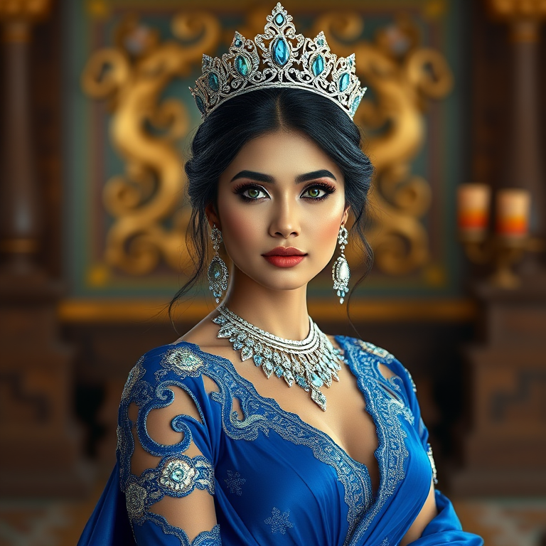 A gorgeous Bhutanese woman in a luxurious blue gown, accessorized with a dazzling tiara and statement earrings, her deep green eyes highlighted by impeccable makeup, poised in a royal setting, photorealistic, 8K quality