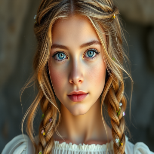 Create an image of a young Mestizo woman with long, wavy blonde hair, adorned with small, colorful flowers woven into her braids and loose strands. Her complexion is fair, with soft, glowing skin, and she has light blue eyes that gaze softly at the viewer. She wears a light, flowing dress with a gentle, ethereal quality, complementing her delicate and serene appearance. The background is slightly blurred, drawing focus to her tranquil expression and the intricate details of the flowers in her hair. The overall mood of the image is one of natural beauty and grace, evoking a sense of peacefulness and connection with nature.