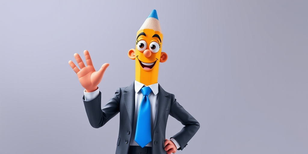 Create a vibrant, high-resolution image of a cheerful animated pencil character dressed in a business suit with a vibrant blue tie, posed in a dynamic stance with a friendly wave, captured with a DSLR camera at f/2.8 aperture, 50mm lens, ISO 100, in bright studio lighting for enhanced color and detail.
