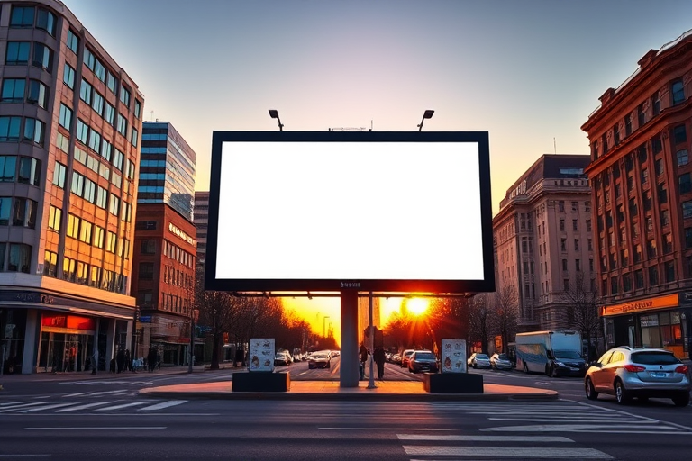 Create a high-resolution image of a blank advertising billboard on a city street during the golden hour, using a DSLR camera with a 24mm lens, f/8 aperture, ISO 100, and a slight HDR style for enhanced contrast and vibrant colors.